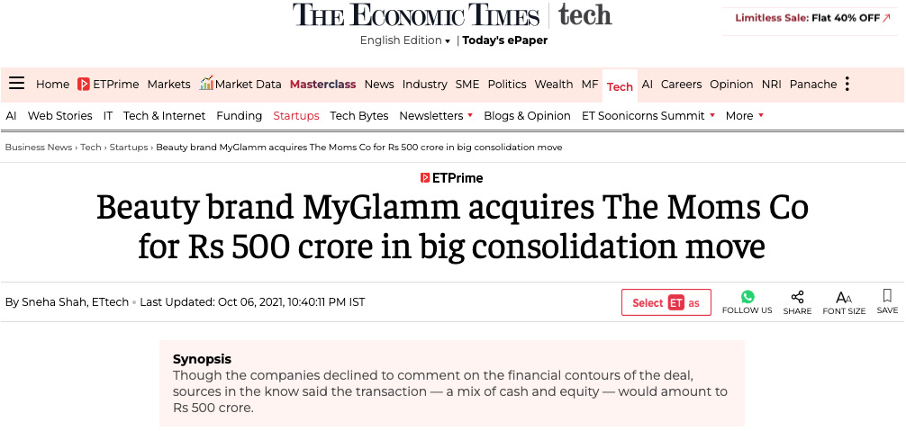 Economic Times coverage reporting the MyGlamm acquisition of The Moms Co. for Rs 500 crore