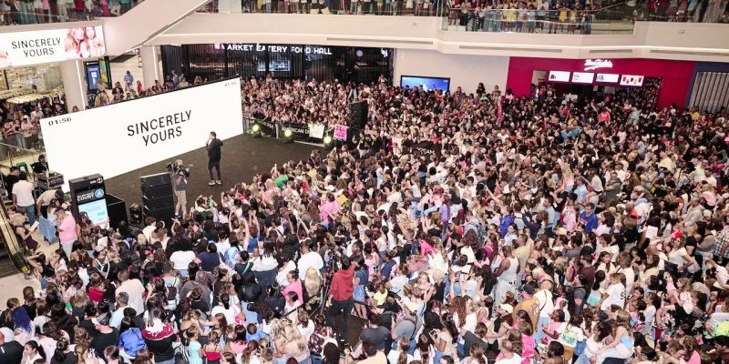 A packed Sincerely Yours skincare launch event showing the scale of teen demand and community pull around creator-led beauty brands.